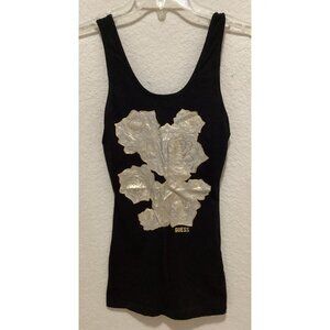 Guess Black Tank Top With Silver Rose Design Size XS